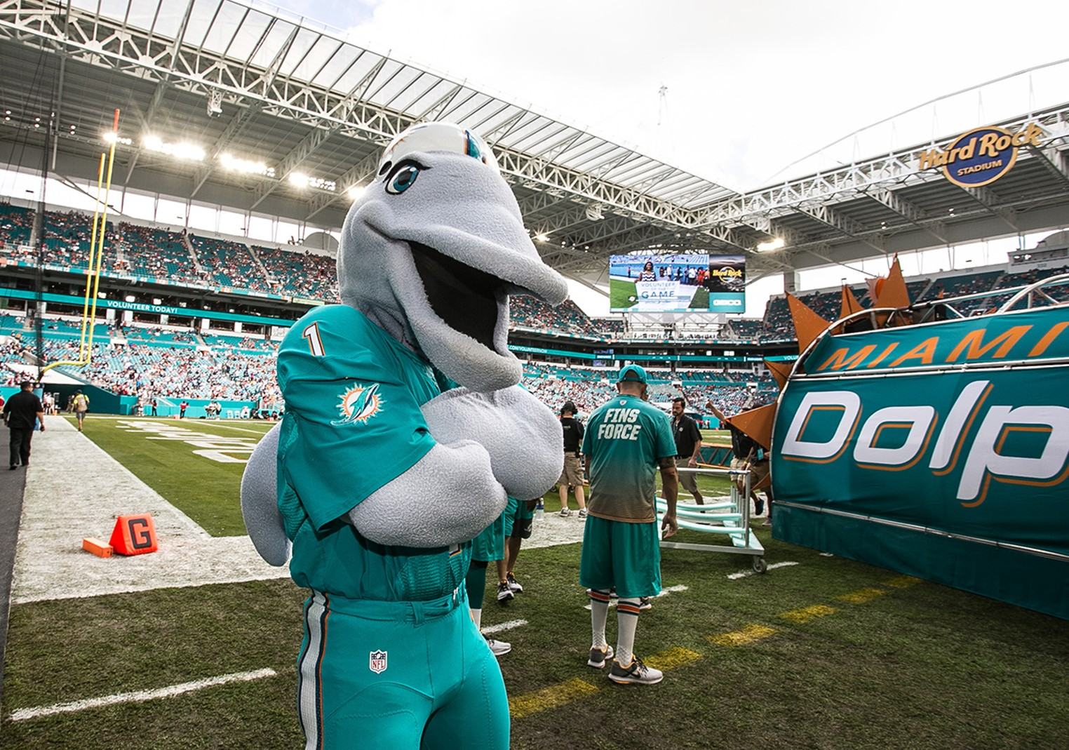 "Miami Dolphins mascot, T.D., entertaining the crowd during a football game at the Hard Rock Stadium in Miami, Florida."