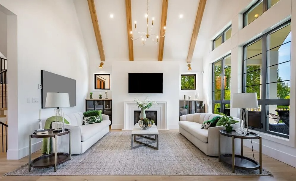 white living room with green accents