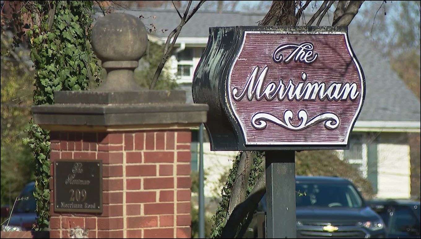 Old style sign reading "The Merriman" near a brick column located near homes for sale in Merriman Valley Ohio