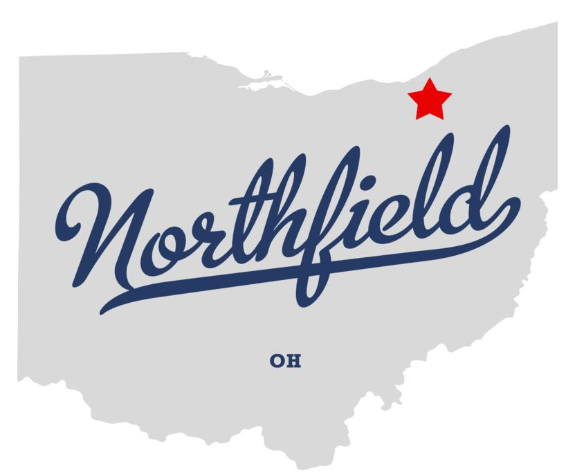 Grey mute map of the State of Ohio with a sign reading "Northfield" in blue italics letters, OH at the bottom and with a small red star on the upper right corner used near homes for sale in Northfield Ohio