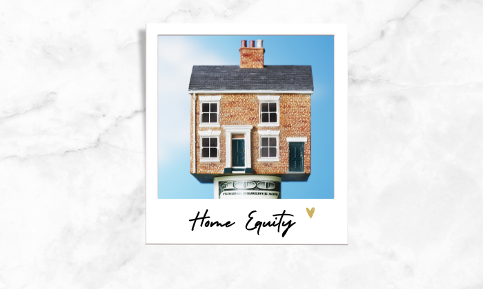 A photo of a house over a band of money.