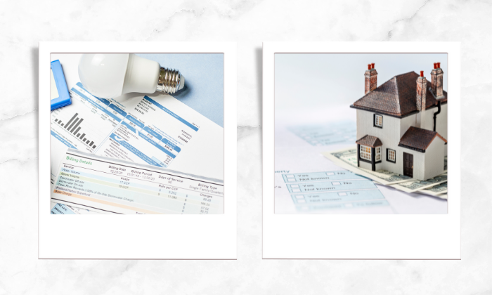 Photos of different utility bills and property taxes