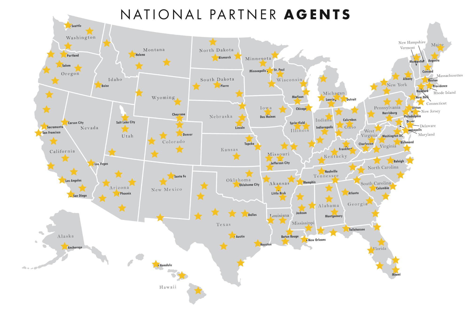 Map of the United States highlighting national partner agents with stars, showing how The Ravenscroft Group provides real estate services across the country, including expert representation for new construction homes, exclusive access, and guidance for homebuyers and investors nationwide and in Canada.