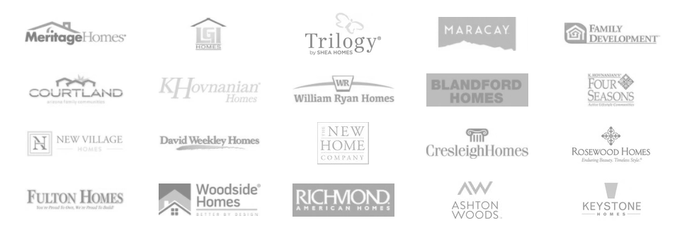 Logos of various new home builders including K. Hovnanian, David Weekley Homes, Fulton Homes, and more – highlights the importance of having real estate agent representation to navigate builder offers, compare options, and find the builder that best meets your needs and budget.