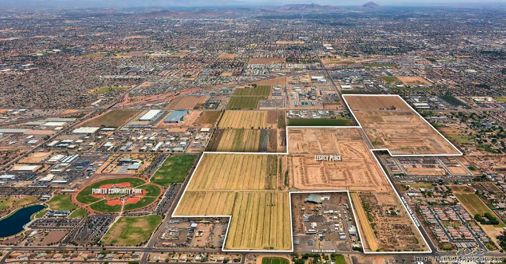 Aerial view of West Valley expansion featuring large-scale master-planned communities by major homebuilders. The image highlights key developments surrounding Pioneer Community Park and Legacy Place, showcasing the growth and investment driving the West Valley's transformation into a vibrant residential hub.