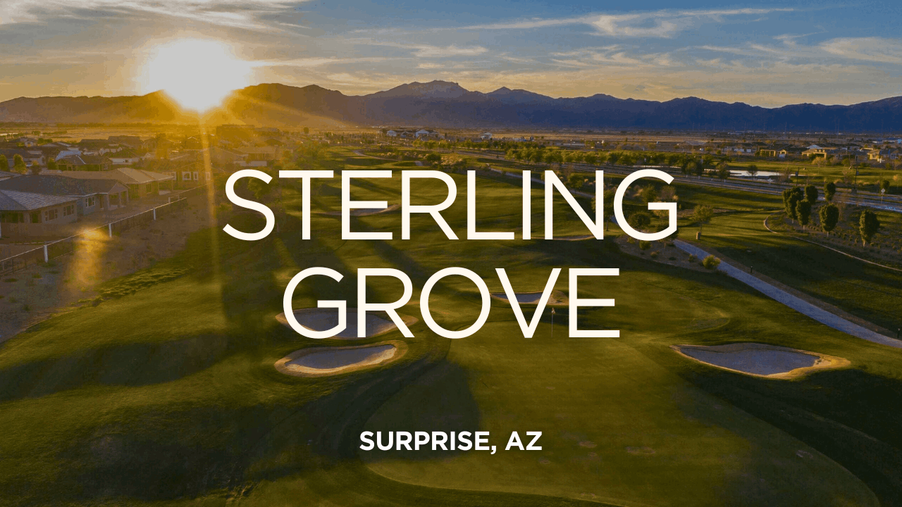 Sterling Grove golf community in Surprise, Arizona at sunset, showcasing beautifully landscaped golf course fairways, modern homes, and scenic mountain views. This premier master-planned neighborhood offers luxury living, resort-style amenities, and proximity to top-rated schools, shopping, and dining. Ideal for families, retirees, and golf enthusiasts seeking an active lifestyle in a tranquil, picturesque setting near the White Tank Mountains.