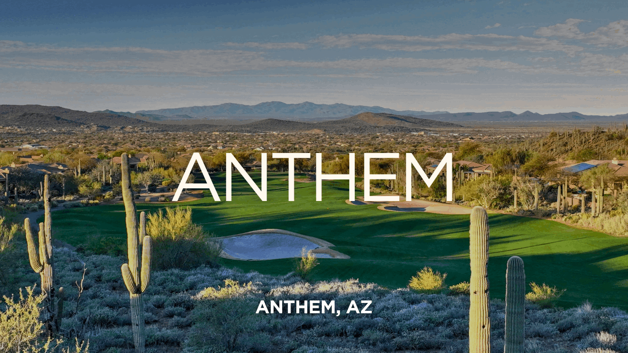 Scenic view of Anthem in Phoenix, Arizona, featuring lush golf courses, desert landscape, and mountain vistas. Anthem is a master-planned community offering resort-style amenities, family-friendly neighborhoods, top-rated schools, and a tranquil environment perfect for families, retirees, and outdoor enthusiasts. With easy access to hiking trails, parks, and a variety of recreational activities, Anthem provides a vibrant yet peaceful lifestyle just north of Phoenix.