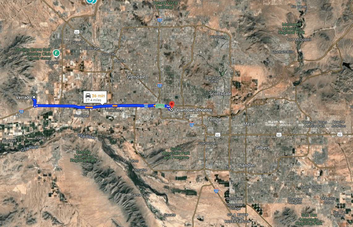 Map showing a 36-minute, 27.4-mile driving route from Verrado in Buckeye, AZ, to downtown Phoenix via I-10, highlighting the convenient commute for Verrado residents working or visiting the central Phoenix area.