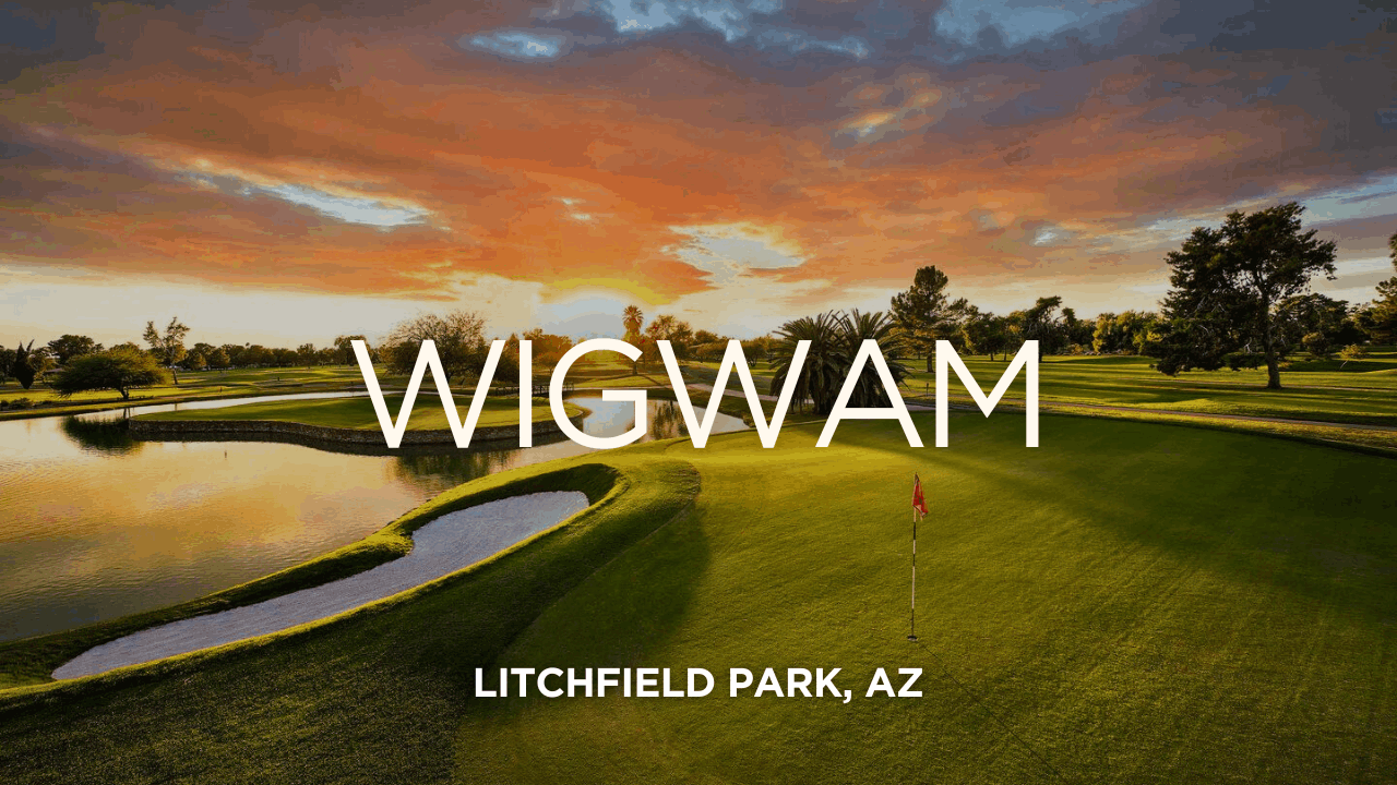 Scenic view of the Wigwam golf course in Litchfield Park, AZ, showcasing a sunset over manicured greens, water features, and lush trees. The Wigwam community is known for its luxurious resort amenities, vibrant outdoor recreation, and tranquil living environment, making it a prime destination for families, retirees, and golf enthusiasts.