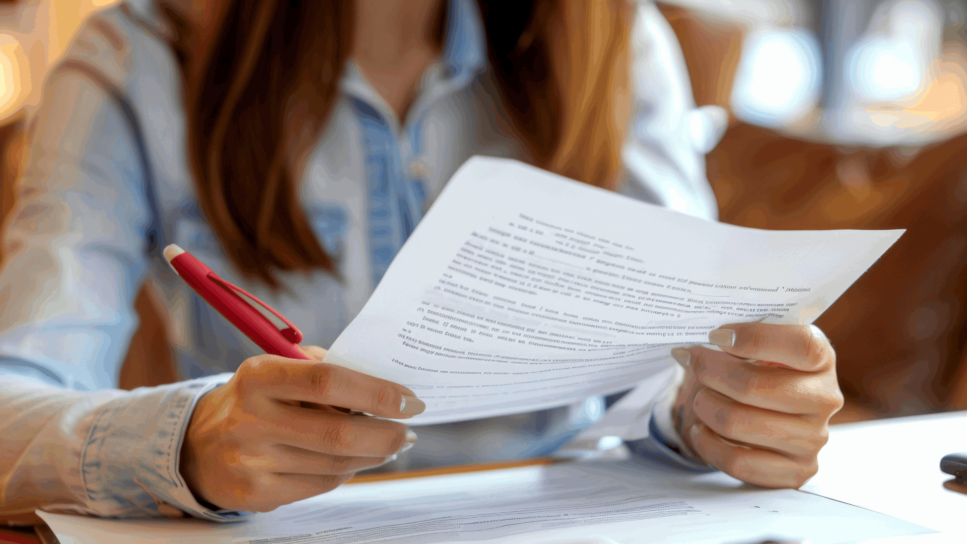 A woman holding a pen and paper and filling out a form