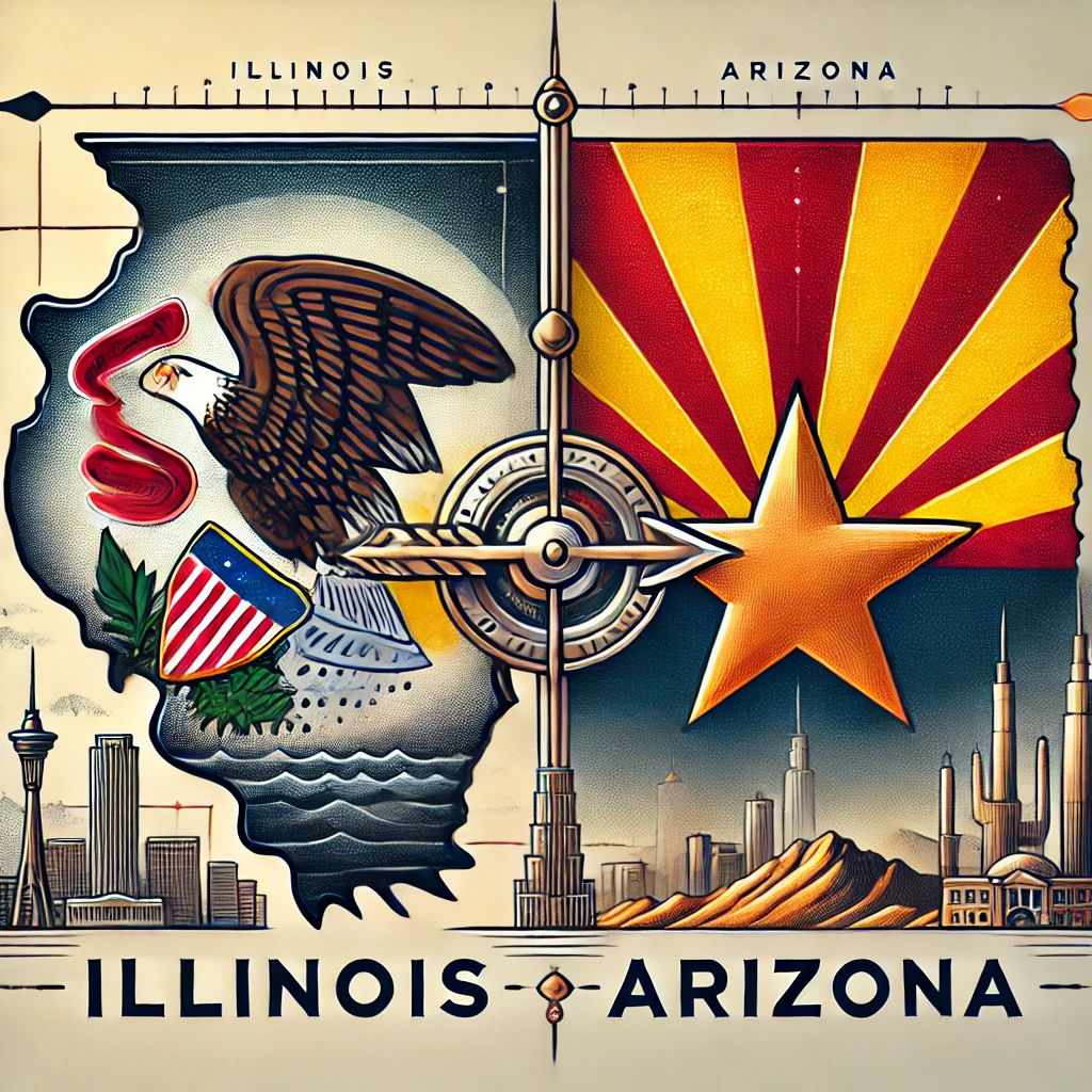 Realistic logo representing a move from Chicago, Illinois to Phoenix, Arizona. The image features detailed state emblems: Illinois with its bald eagle and shield, and Arizona with its copper star and iconic red and yellow rays. A metallic arrow connects the two states, symbolizing relocation from Illinois to Arizona. The background includes Chicago's skyline on the Illinois side and Arizona’s desert landscape with cacti, reflecting the contrasting environments. Ideal for content related to moving, relocation services, or lifestyle transitions between these two regions.