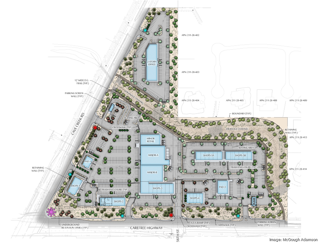 Site plan for the new Carefree Quarter retail center, located at the intersection of Cave Creek Road and Carefree Highway. This 23-acre development features multiple retail spaces, including major and minor retail, a two-story office, seating areas, and ample parking, designed to serve the growing communities north of Loop 101.