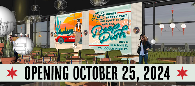 Rendering of the new Lou Malnati's Pizzeria, opening on October 25, 2024, in Surprise, Arizona, at the Prasada shopping center. The interior features retro-inspired artwork, emphasizing the iconic deep dish pizza for which the Chicago-based restaurant is famous. This new location will offer a full-service dining experience in the growing Surprise community.