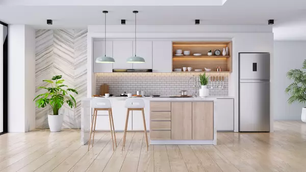 Modern Contemporary kitchen room interior .white and wood material 3d render