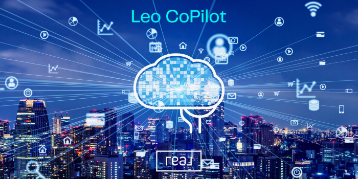 Leo CoPilot, the AI-powered real estate assistant by Real Broker, set for release in 2025, displayed over a cityscape with digital icons representing smart real estate tools, communication, data analytics, and property management.