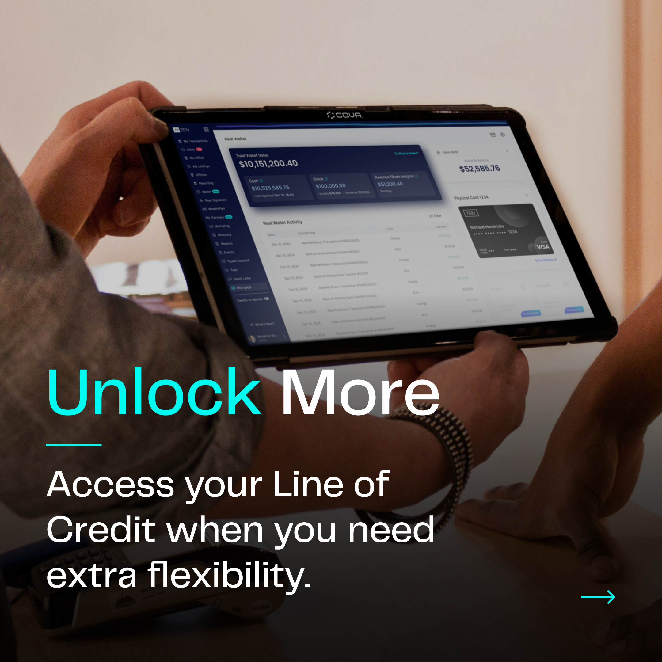 Real Wallet by Real Broker showcasing a tablet interface that highlights the option to unlock a line of credit, providing real estate agents with flexible financial access and enhanced transaction management.