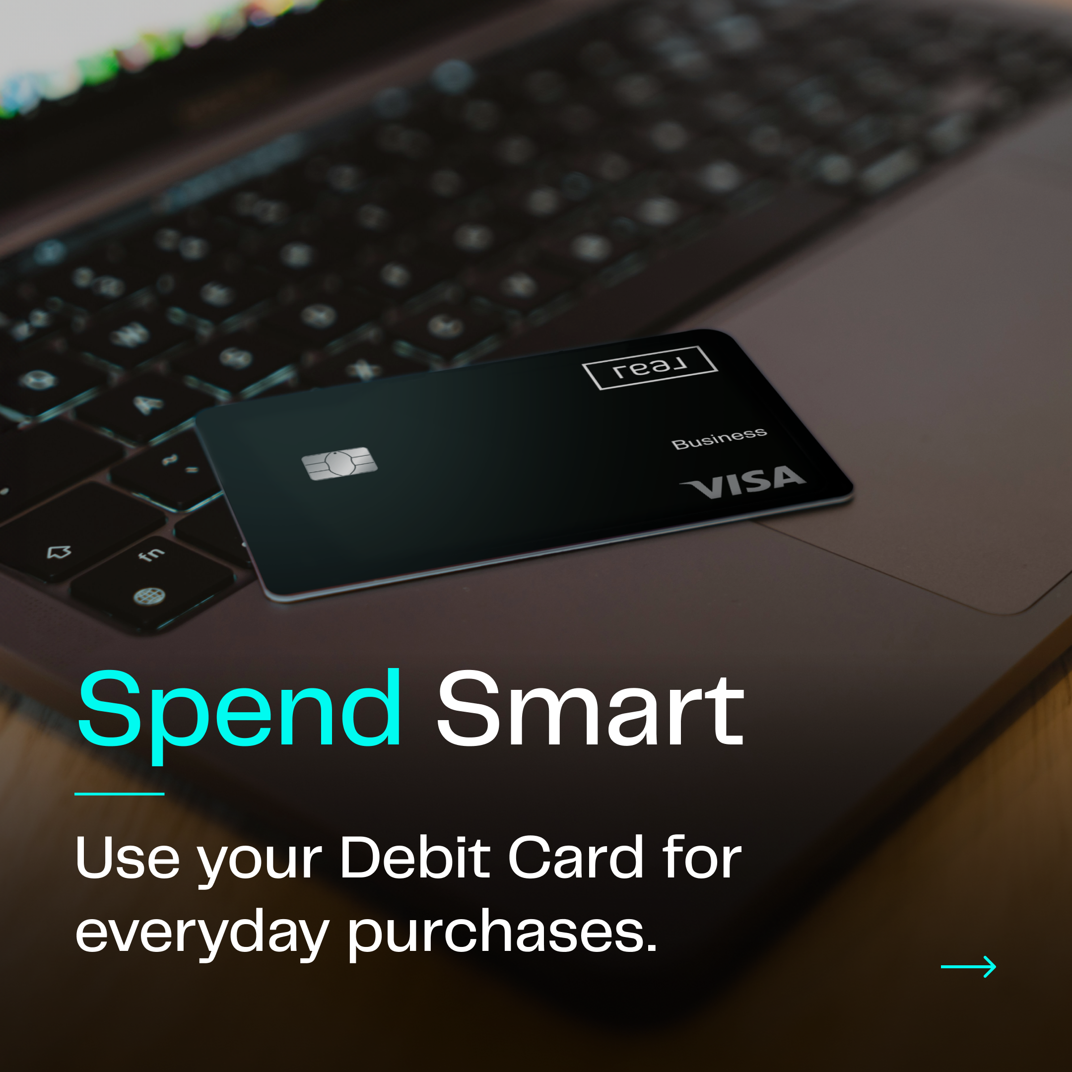 Real Wallet debit card by Real Broker placed on a laptop, encouraging smart spending for everyday purchases and highlighting the potential to earn rewards and benefits with each transaction.