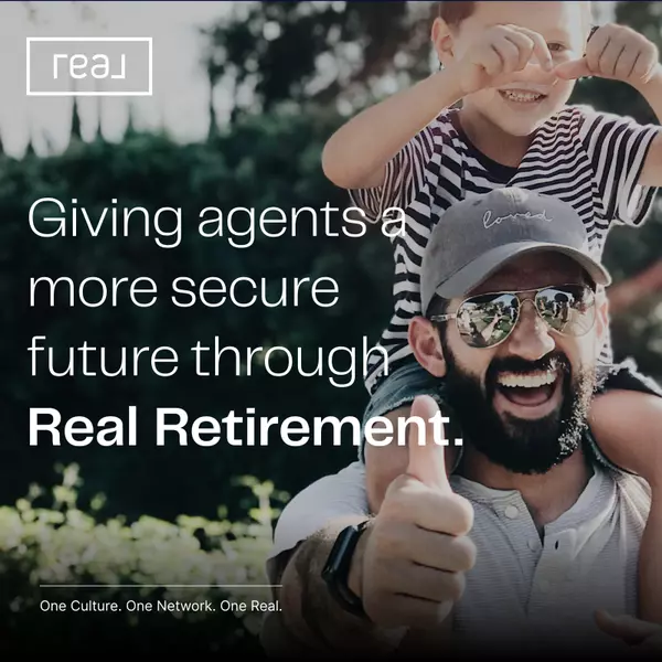 Smiling real estate agent with a child on shoulders, symbolizing Real Broker's commitment to secure retirement for agents through the Real Retirement program. The image emphasizes financial stability, legacy building, and community-focused values with the tagline 'Giving agents a more secure future through Real Retirement.