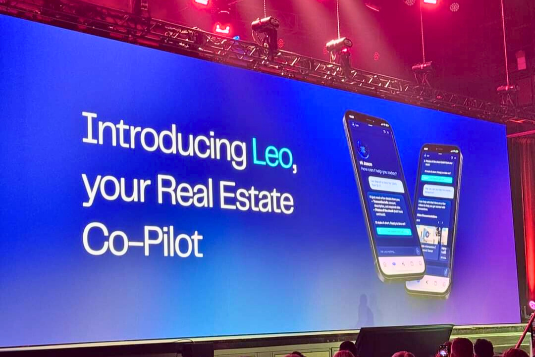 Introduction of Leo, the Real Estate Co-Pilot, at Real Broker’s 2024 RISE Conference in Las Vegas, showcasing a revolutionary AI-powered tool designed to support agents with real-time assistance, client communication, and streamlined transaction management, displayed on mobile screens to highlight its user-friendly interface and advanced features.