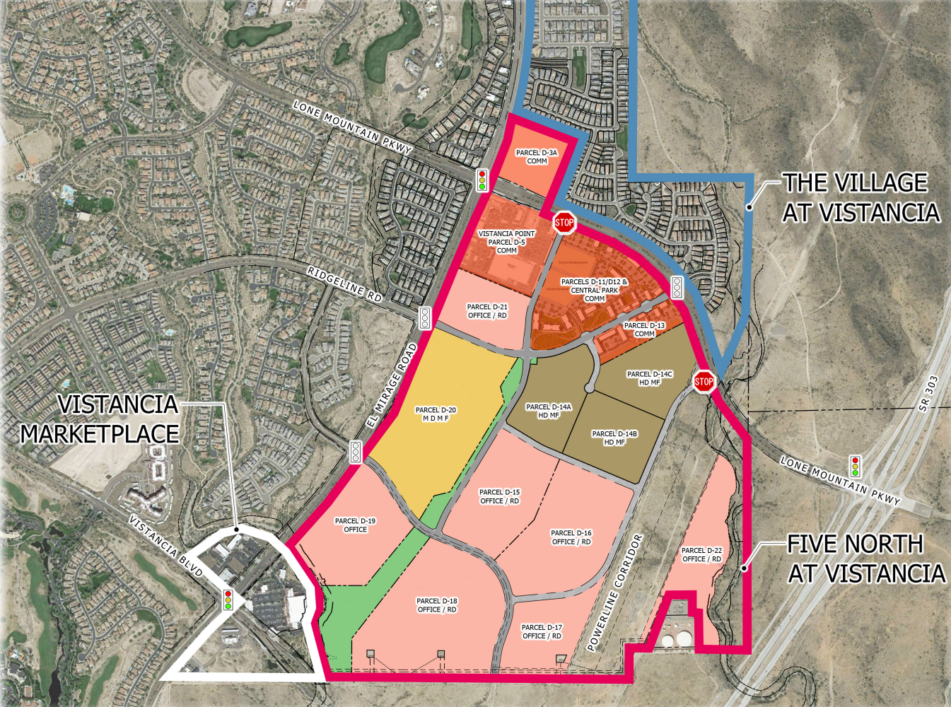 Overview plot map of Five North at Vistancia, showing designated zones for commercial, residential, and mixed-use development. The map includes labeled streets, building lots, green spaces, and areas allocated for future growth within the Vistancia community.