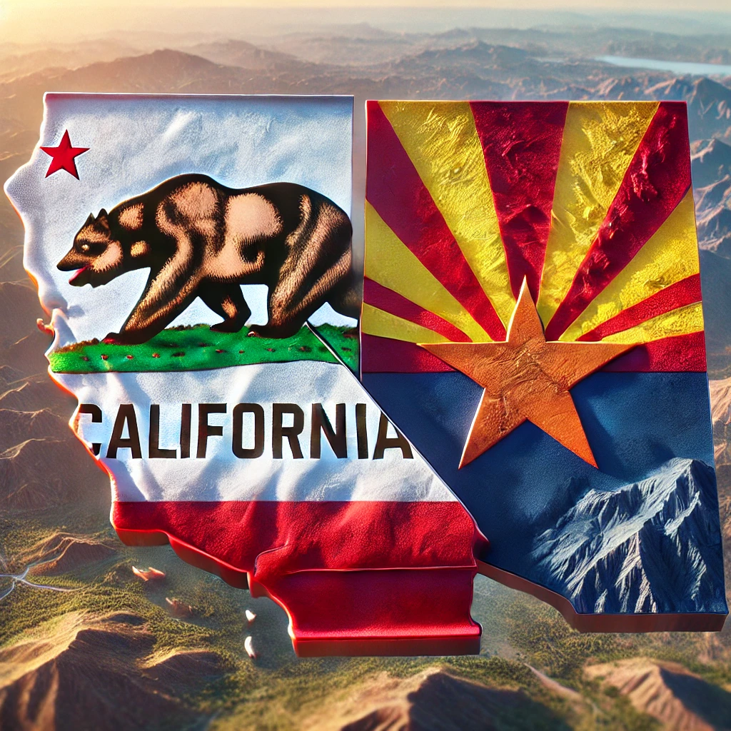 A detailed artistic representation of the states of California and Arizona, depicted side by side with their state flags integrated into the shapes of the states. California features the iconic bear from its flag, while Arizona displays its bright starburst design with the prominent orange star. The background shows a scenic desert landscape, symbolizing the connection between the two neighboring states.