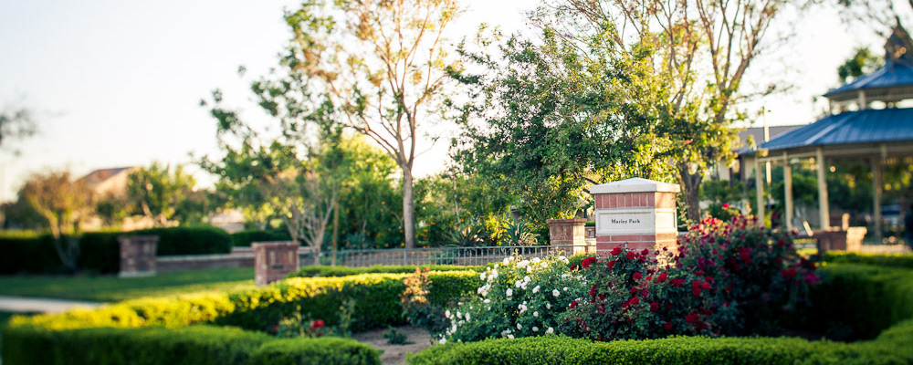 The image depicts a peaceful scene at Marley Park, a community located in Surprise, Arizona. The focal point is a beautifully landscaped garden featuring a mix of vibrant red and white flowers surrounded by neatly trimmed green hedges. In the background, there is a small gazebo, adding a charming touch to the park. A brick signpost displaying "Marley Park" is visible amidst the greenery. The overall atmosphere is tranquil and inviting, showcasing the well-maintained gardens and lush greenery that characterize this family-friendly community in Surprise, AZ.