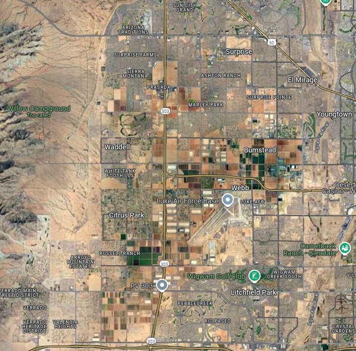 This image is a satellite map view of the area surrounding Luke Air Force Base in Arizona. The base is centrally located, with the surrounding cities and neighborhoods clearly visible, including Surprise to the north, Waddell and Citrus Park to the west, and Litchfield Park to the south. Major landmarks and residential areas such as Marley Park, Ashton Ranch, and Wigwam Golf Club are also marked. The map displays the base's proximity to various communities and shows the nearby highways, including the Loop 303 and Highway 60, making it easy to understand the layout of the region.