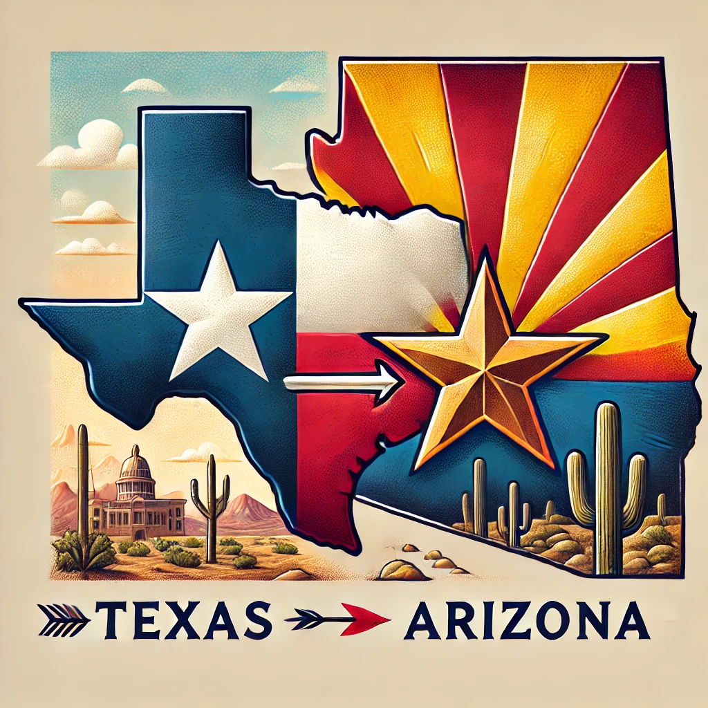 An artistic representation of the states of Texas and Arizona, with their state flags integrated into their shapes. Texas features the iconic lone star flag, while Arizona showcases its vibrant starburst design with a large orange star. An arrow points from Texas to Arizona, symbolizing the movement from Texas to Arizona. The background depicts a desert landscape with cacti and mountains, adding a Southwestern feel to the image. The text below reads 'Texas' with an arrow pointing to 'Arizona,' highlighting the theme of relocation.