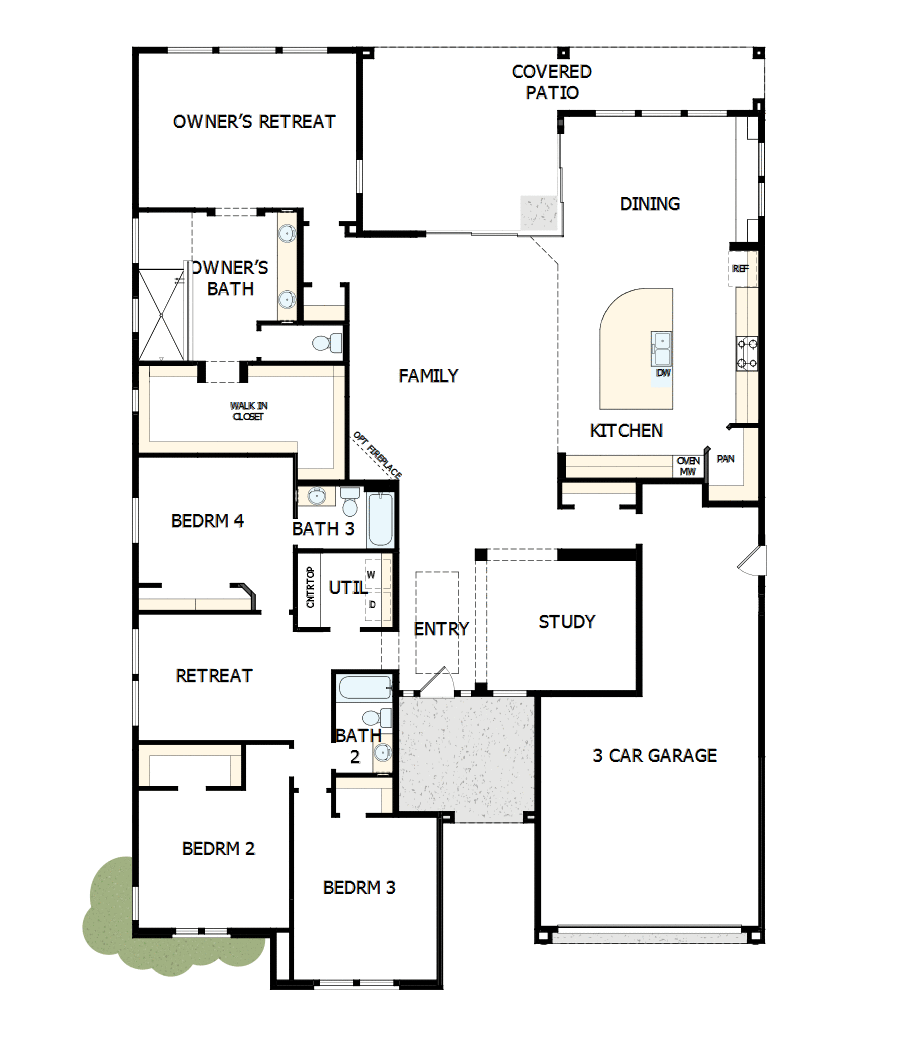 Floor Plan of The Sutherland Model New Construction Home in Litchfield Park, AZ - Featuring 4 Bedrooms, 3 Bathrooms, Study, Family Room, Gourmet Kitchen, Covered Patio, and 3-Car Garage