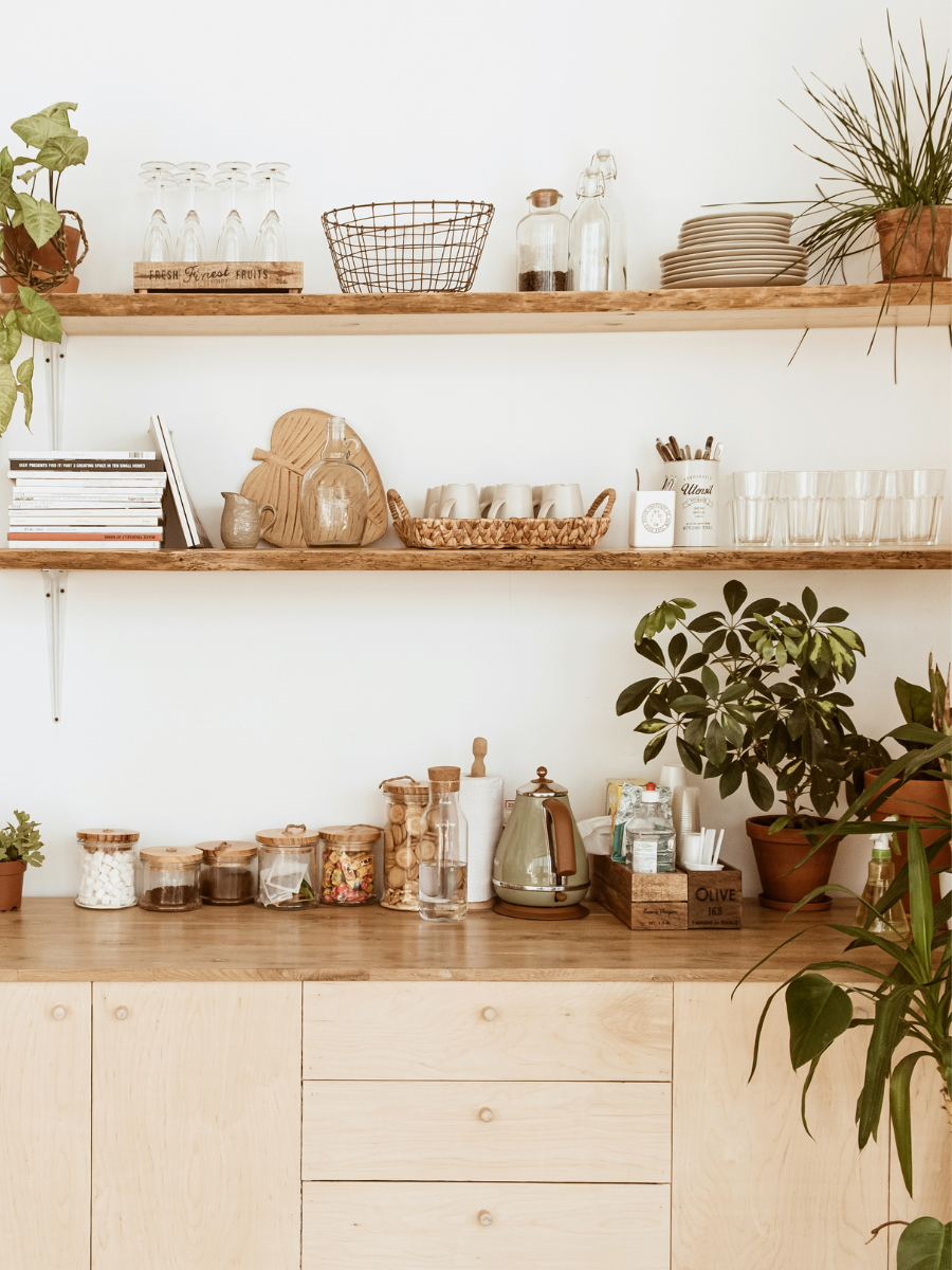 open shelving in kitchen