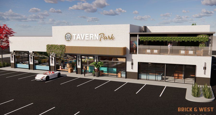 Rendering of Tavern Park, a new upscale entertainment venue in Peoria, AZ, featuring a high-end sports bar, rooftop lounge, and indoor-outdoor dining spaces. Opening in the P83 district, Tavern Park promises to elevate nightlife in the West Valley with unique amenities, including a 125-foot HD LED wall and dog-friendly patio.