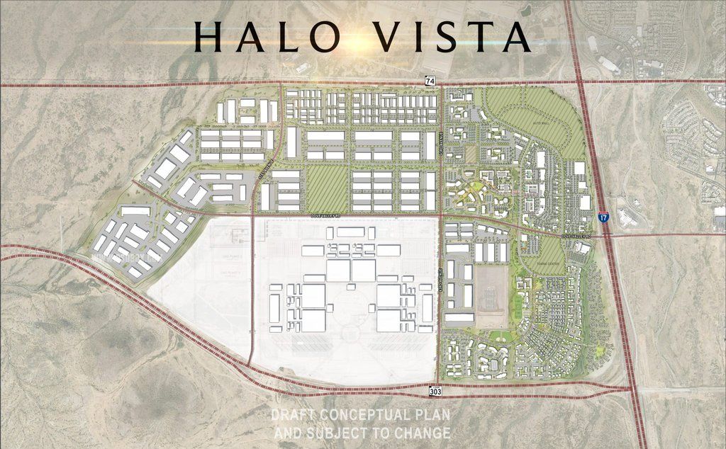 Draft conceptual plan for Halo Vista, a $7 billion master-planned community in Phoenix, Arizona, featuring a mixed-use layout with industrial, residential, and commercial districts. This 2,300-acre development by Mack Real Estate Group aims to create a dynamic hub for technology and innovation around the TSMC complex, offering substantial commercial space and residential units to support Phoenix's growth as a global tech center.