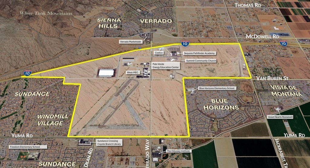 Map of Buckeye, AZ highlighting the new entertainment hub and development area near Verrado and Sundance communities, showcasing The Landing mixed-use district with planned retail, dining, and lifestyle amenities near I-10 in the rapidly growing West Valley region.