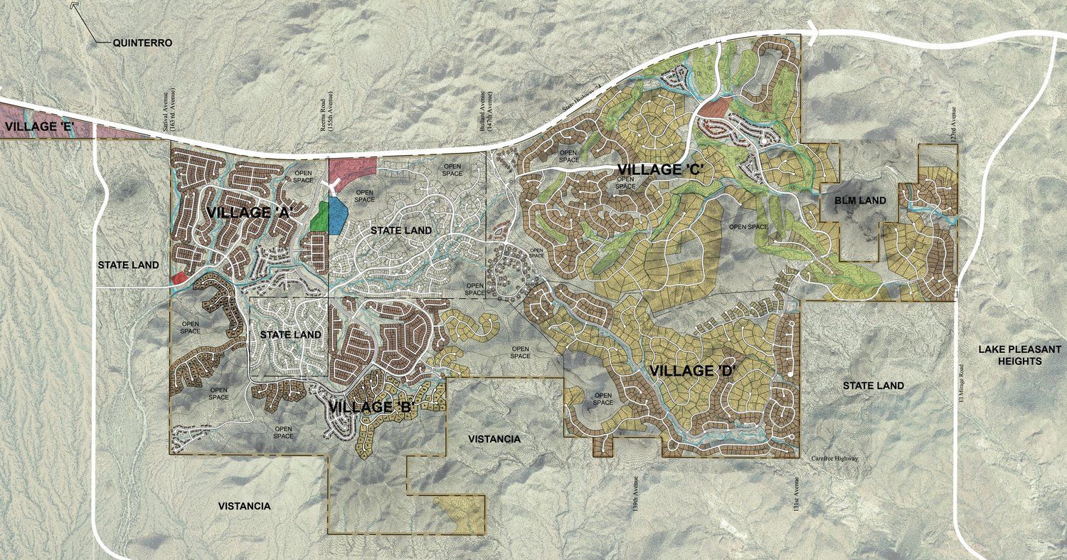 Conceptual map of the Saddleback master-planned community in North Peoria, AZ, showcasing multiple residential villages, open spaces, and scenic trails. This expansive development by Castle Hill Partners will feature 6,500 homes, 180 multifamily units, and sustainable amenities near Lake Pleasant, creating a vibrant, eco-friendly community in the West Valley.