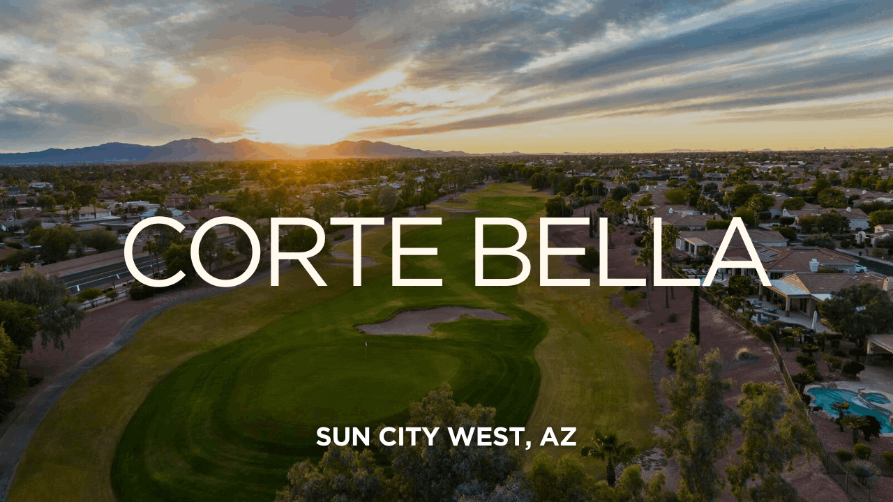 Sunset view of the golf course and luxury homes at Corte Bella, a premier 55+ active adult community in Sun City West, Arizona, offering upscale living, world-class amenities, and vibrant community life.