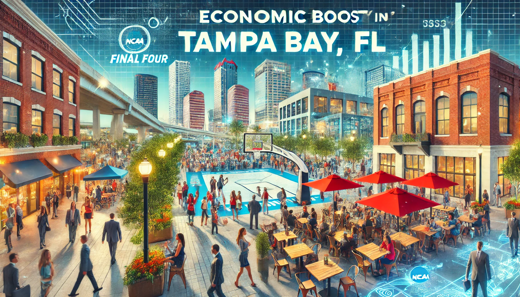  A lively downtown Tampa Bay, FL, featuring bustling businesses, outdoor cafes, and people enjoying urban life, symbolizing the economic impact of hosting the NCAA Women’s Final Four.