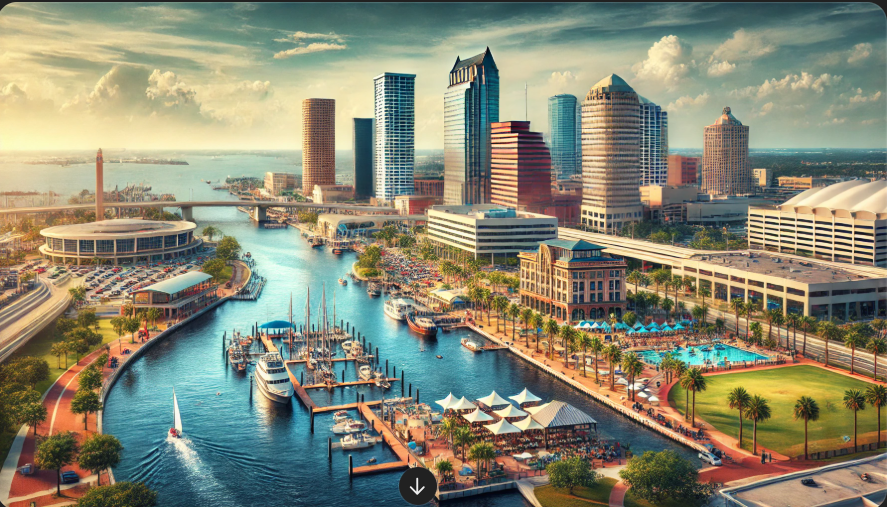  A scenic view of Tampa Bay’s waterfront featuring the Tampa Riverwalk, lush parks, and boats along the water, showcasing the city’s vibrant outdoor lifestyle and cultural appeal.