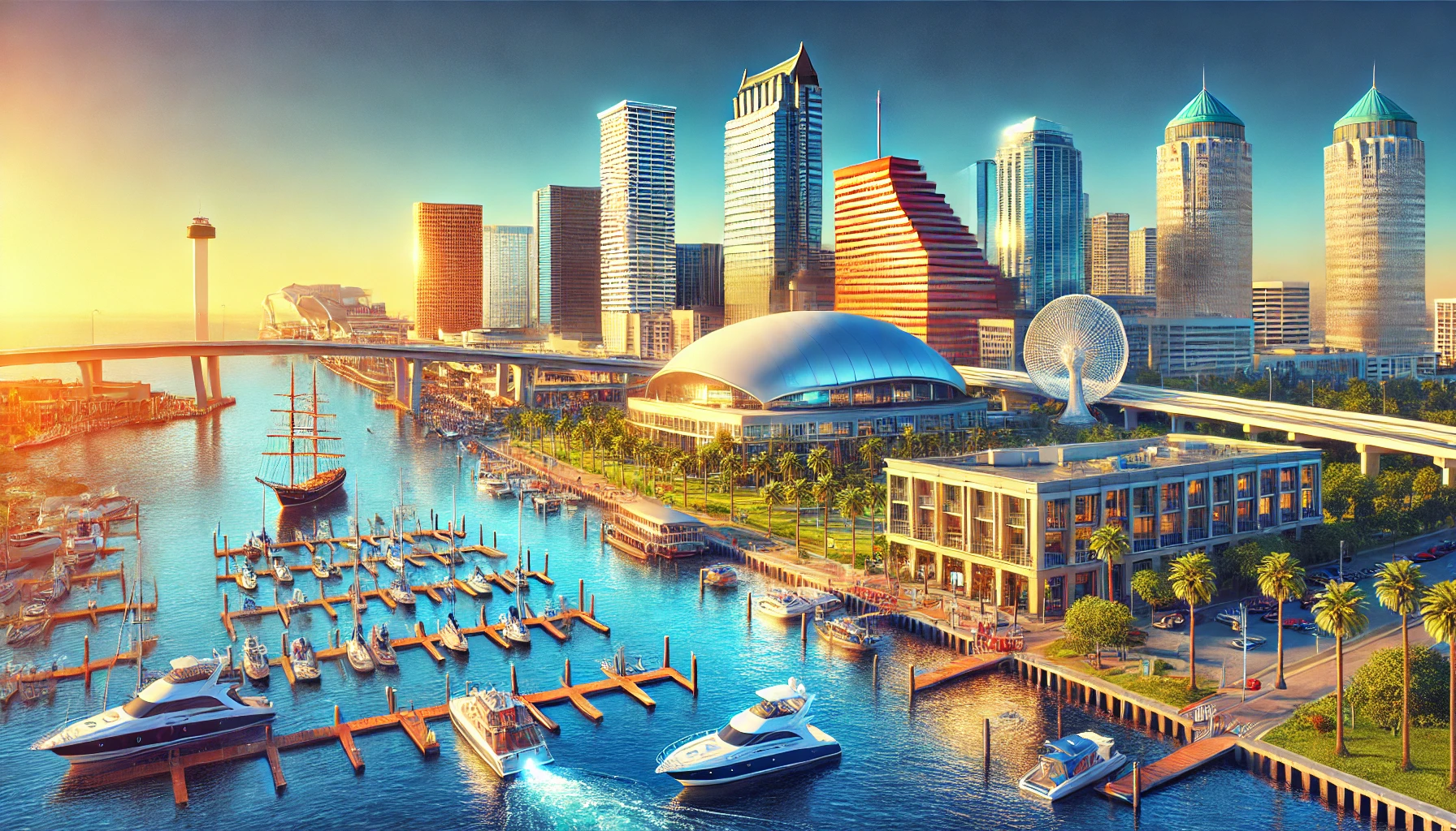 A sunny waterfront view of downtown Tampa Bay, FL, showcasing modern architecture, active boats on the water, and a vibrant urban atmosphere, highlighting the city’s suitability for hosting major sports events.