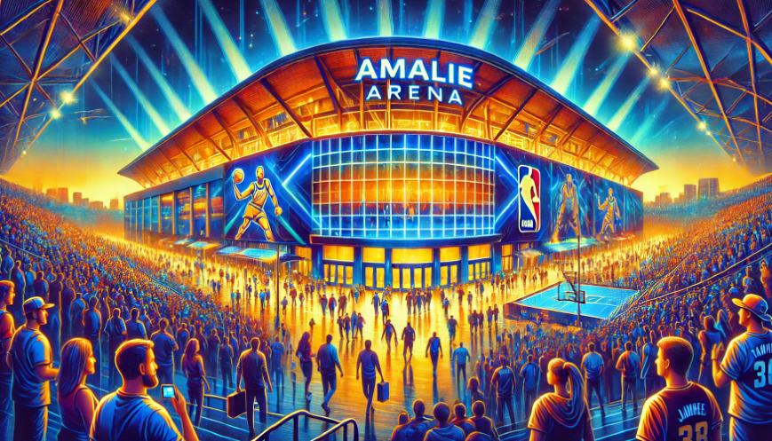 A vibrant evening view of Amalie Arena in Tampa Bay, FL, with bright lights and a crowd of fans eagerly entering for a major basketball event, capturing the excitement of the NCAA Women’s Final Four.