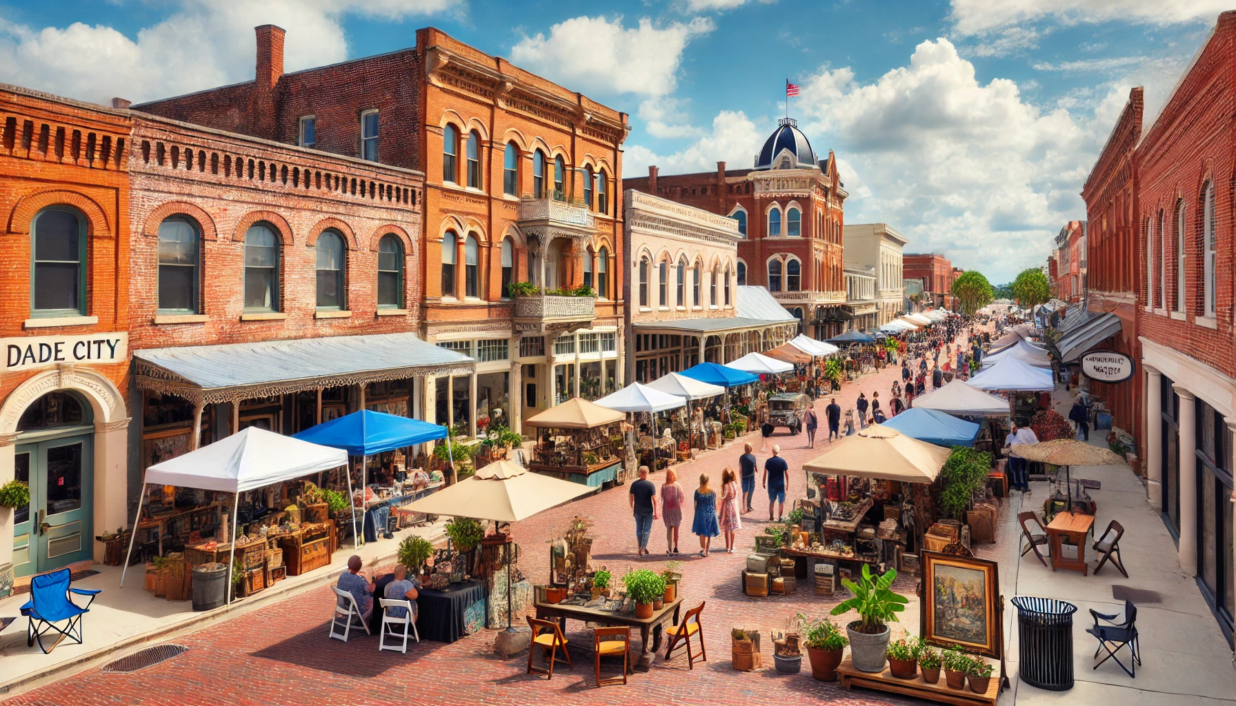 A picturesque scene of Dade City, Florida, with historic brick buildings, charming cafes, and people enjoying a festive street fair under sunny skies.  For H2: Planning Your Visit to Snowcat Ridge