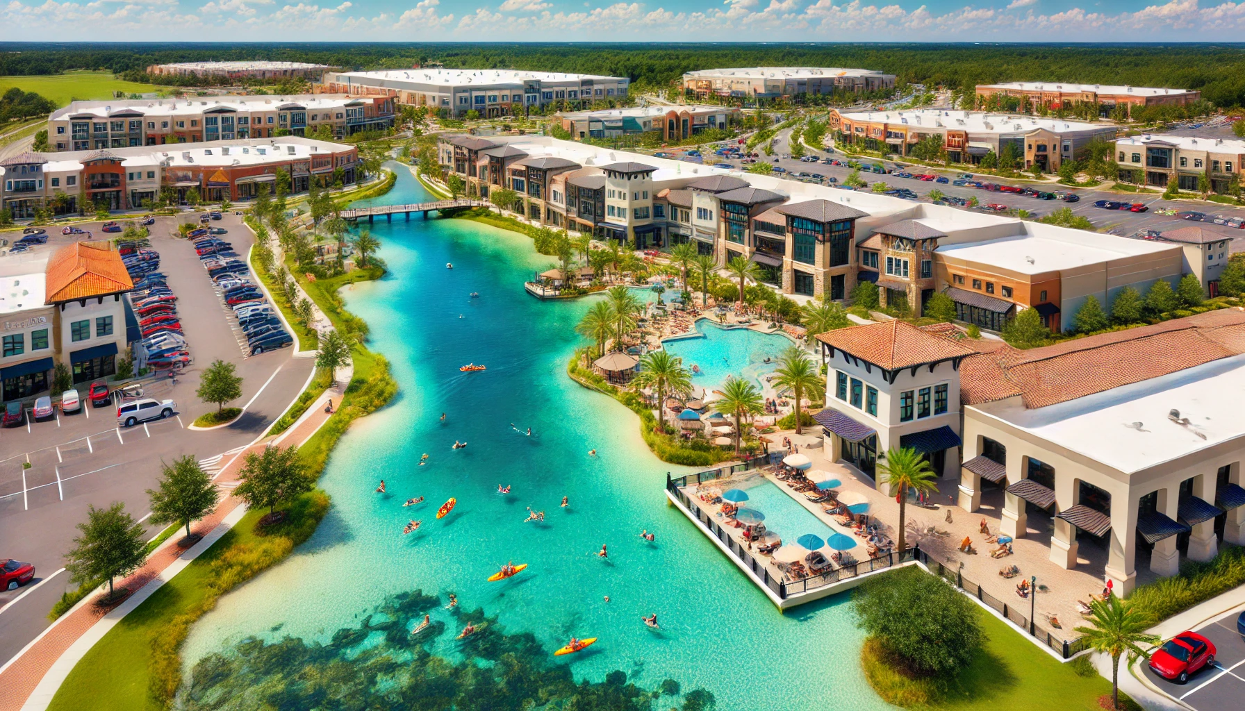A vibrant suburban setting in Wesley Chapel, Florida, showcasing shopping centers, a crystal-clear lagoon with families kayaking, and lush green spaces under sunny weather.