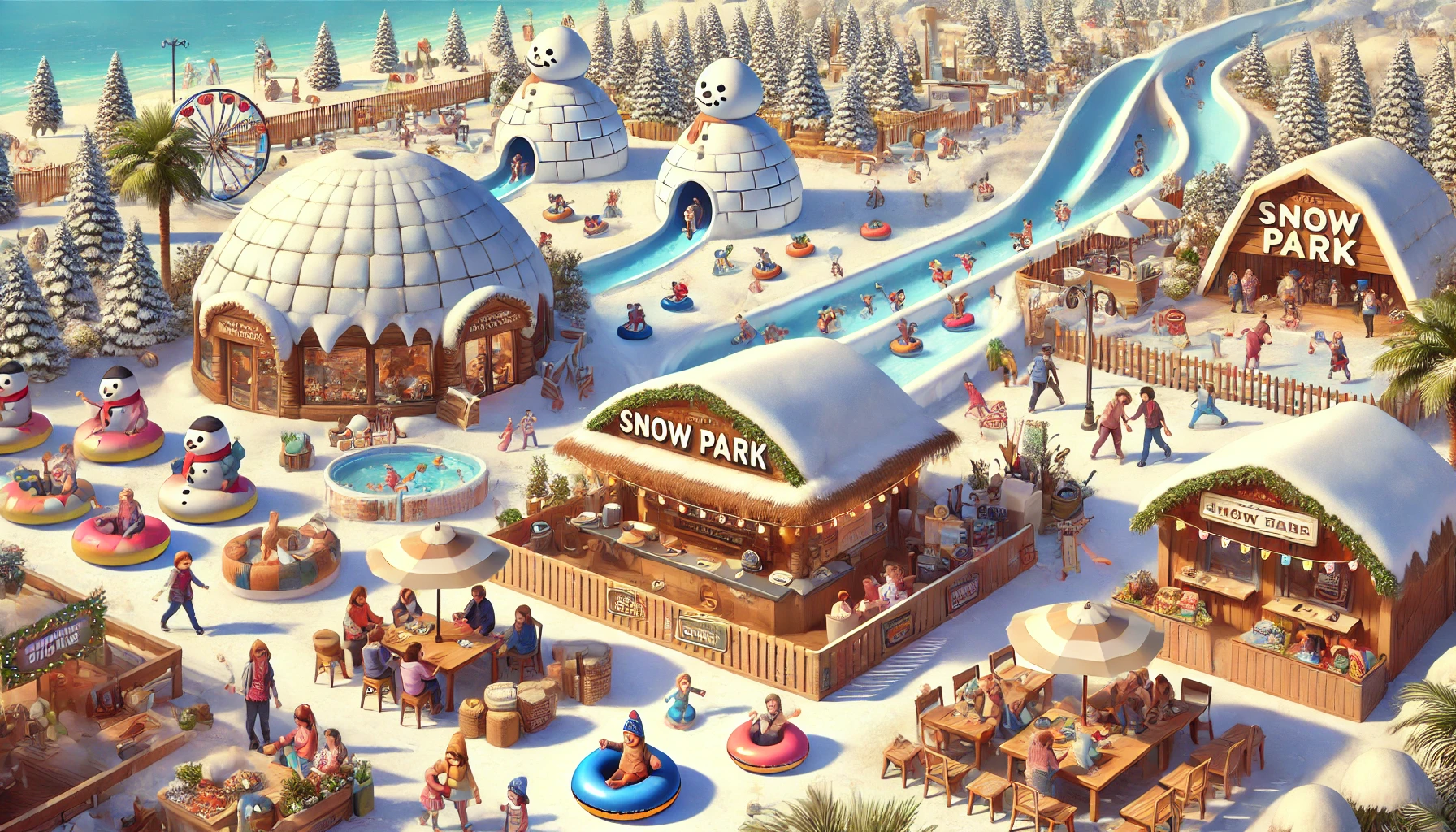 Families enjoying snow tubing, ice skating, and igloo play areas at a snow park in Florida, surrounded by cozy food stalls and a fire pit under a clear blue sky.