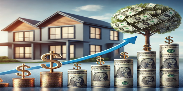 Image illustrating long-term wealth building through real estate, featuring a modern home in the background and stacks of coins and dollar bills growing like a bar graph in the foreground. A tree made of dollar bills symbolizes financial growth and compounding returns over time, with a blue arrow signifying upward progress and prosperity.