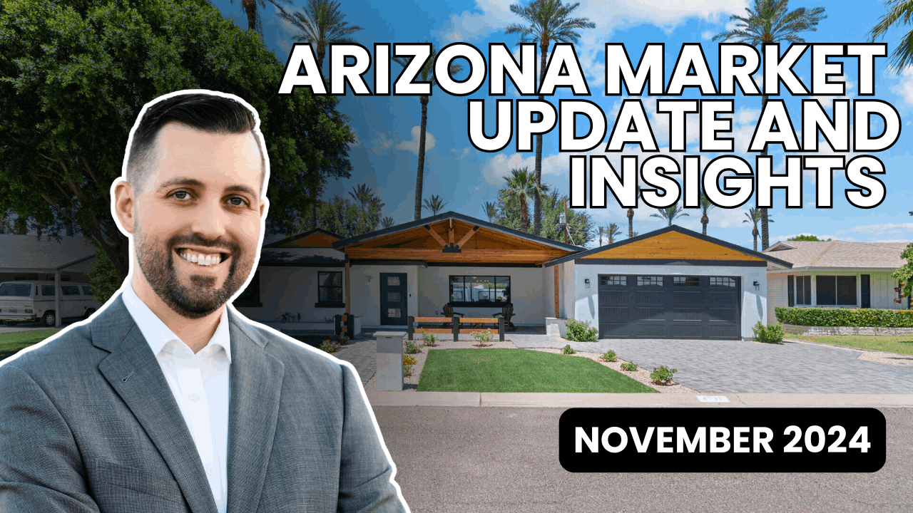 Arizona Market Update for November 2024 featuring a professional real estate agent in a gray suit, smiling confidently, with a modern Arizona home and palm trees in the background, highlighting the real estate trends and insights for the Greater Phoenix Metro area.