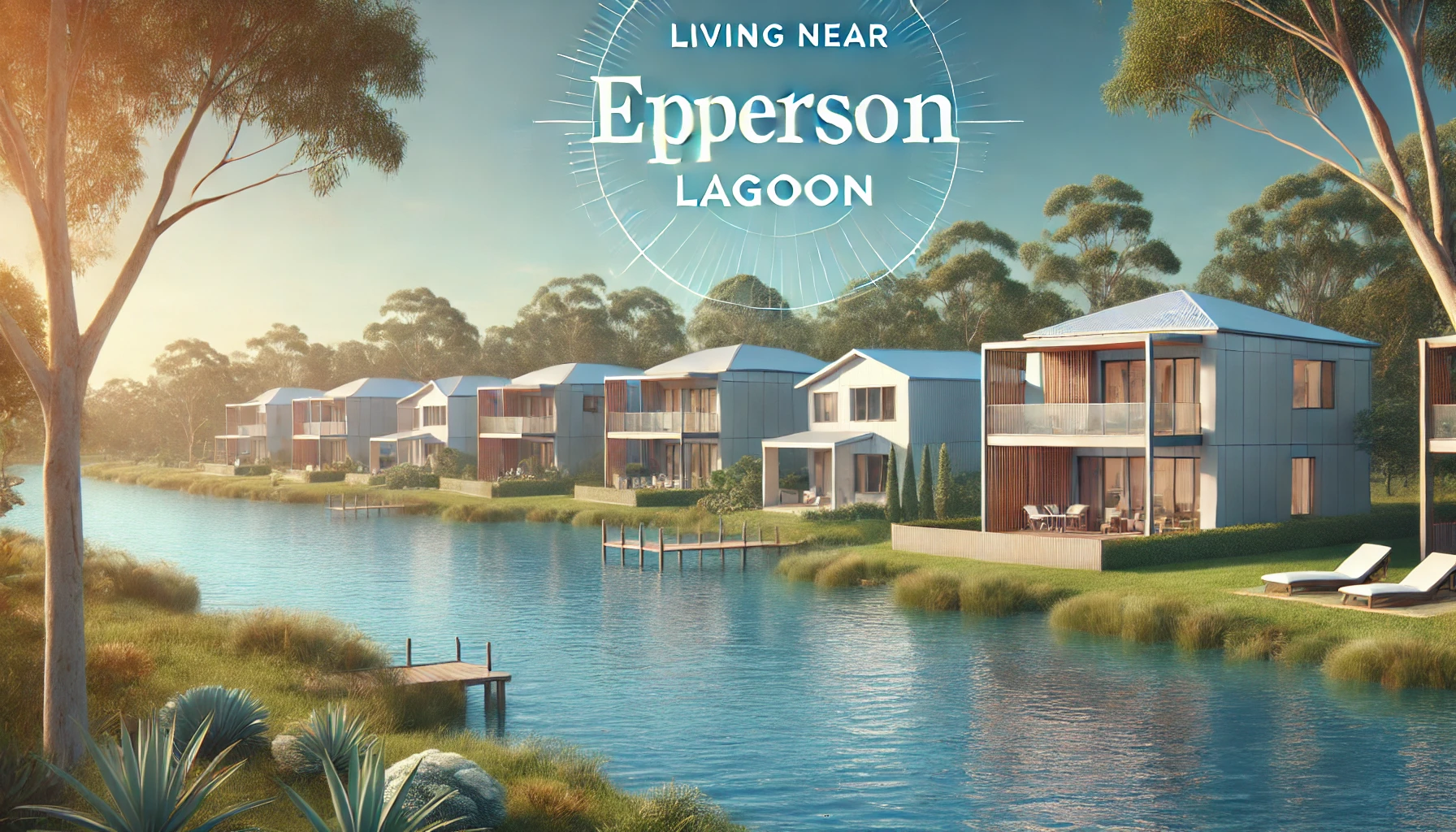 odern homes near Epperson Lagoon surrounded by greenery and blue waters under a bright, sunny sky.