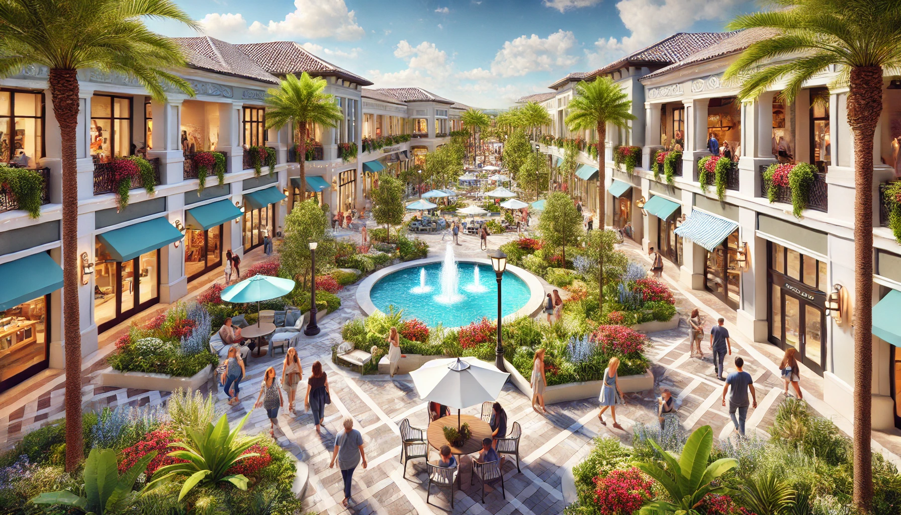 Open-air walkways at the Shops at Wiregrass in Wesley Chapel, Florida, surrounded by lush landscaping and bustling shoppers under a sunny day.