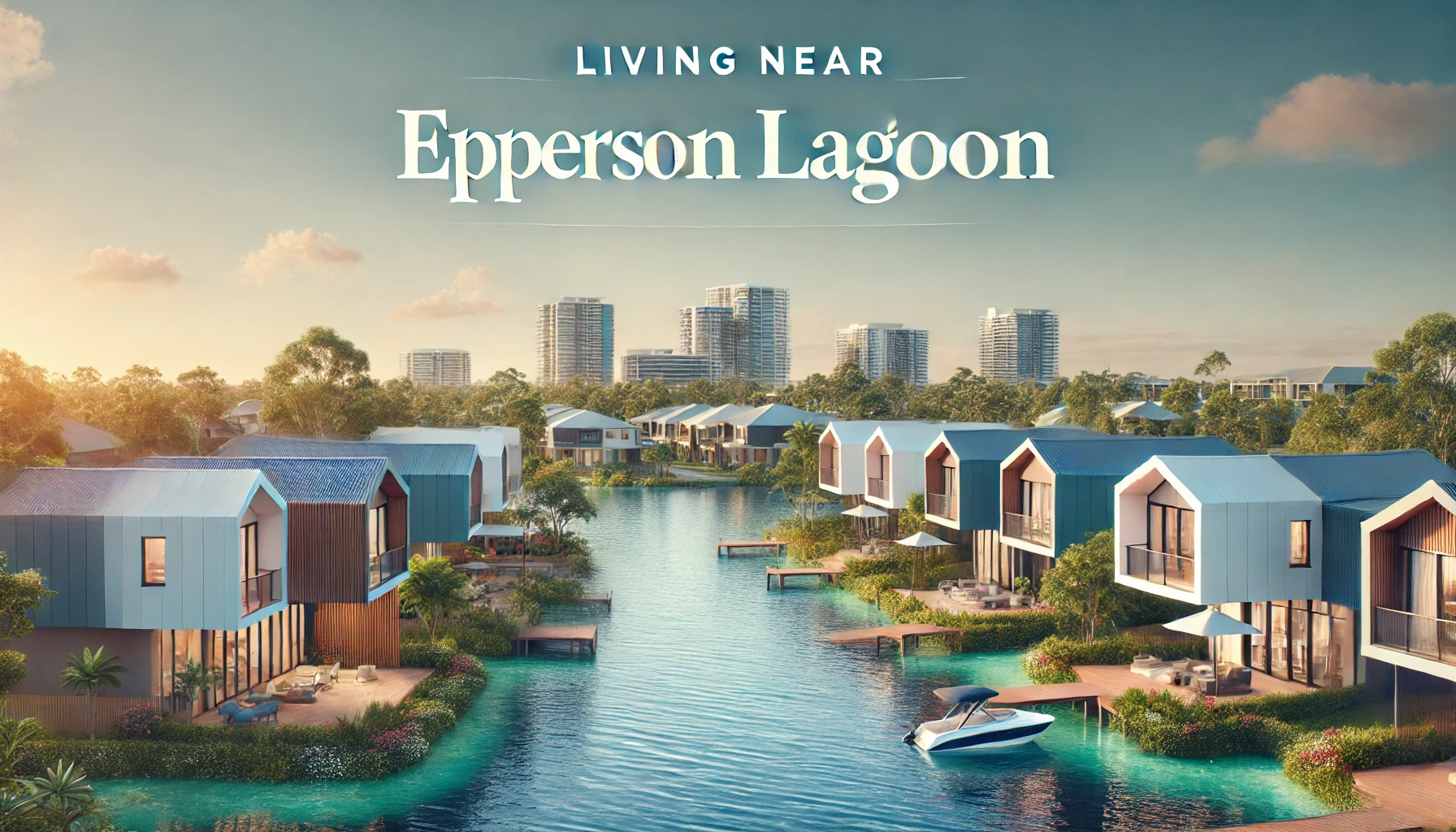 Modern homes near Epperson Lagoon, surrounded by greenery and serene blue waters under a bright sky.