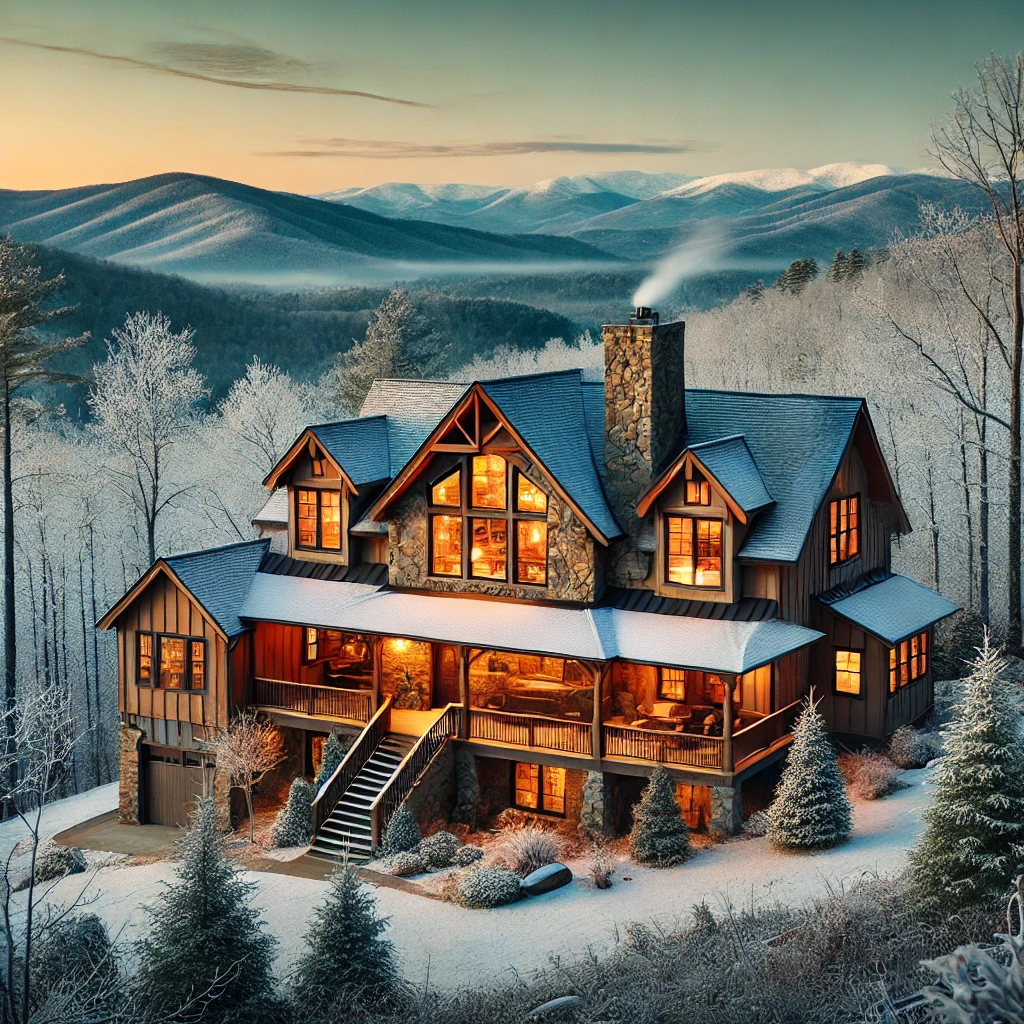 A cozy North Georgia mountain home in winter, surrounded by snow-dusted trees and rolling hills.