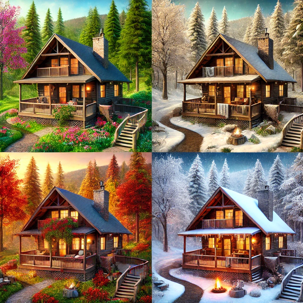 cozy mountain cabins in Dahlonega, Georgia, showing the beauty of all four seasons.