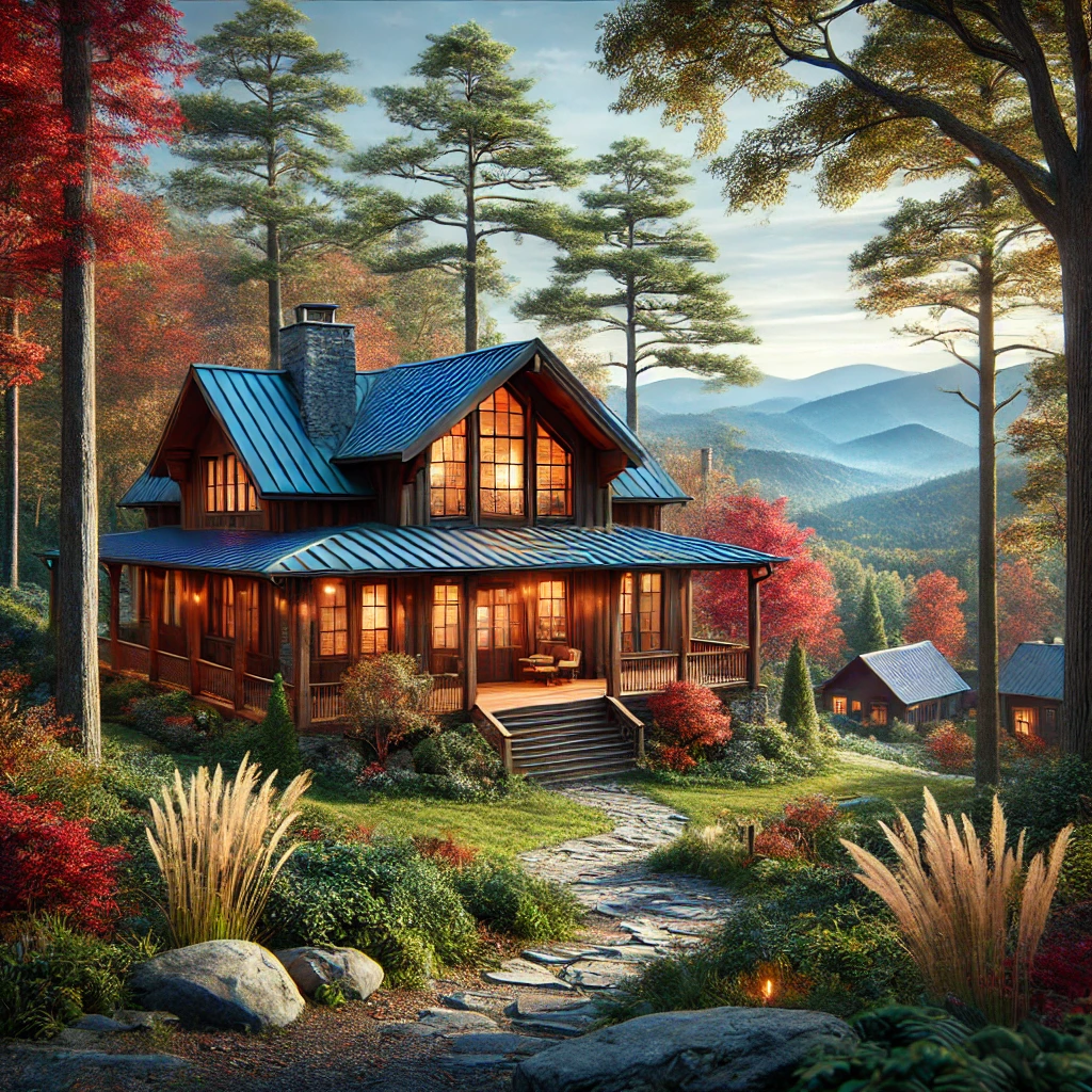 mountain cabin in Dahlonega, Georgia, set against a lush, wooded backdrop with the Blue Ridge Mountains